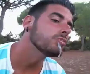 Brazilian man getting jism load in throat outdoor